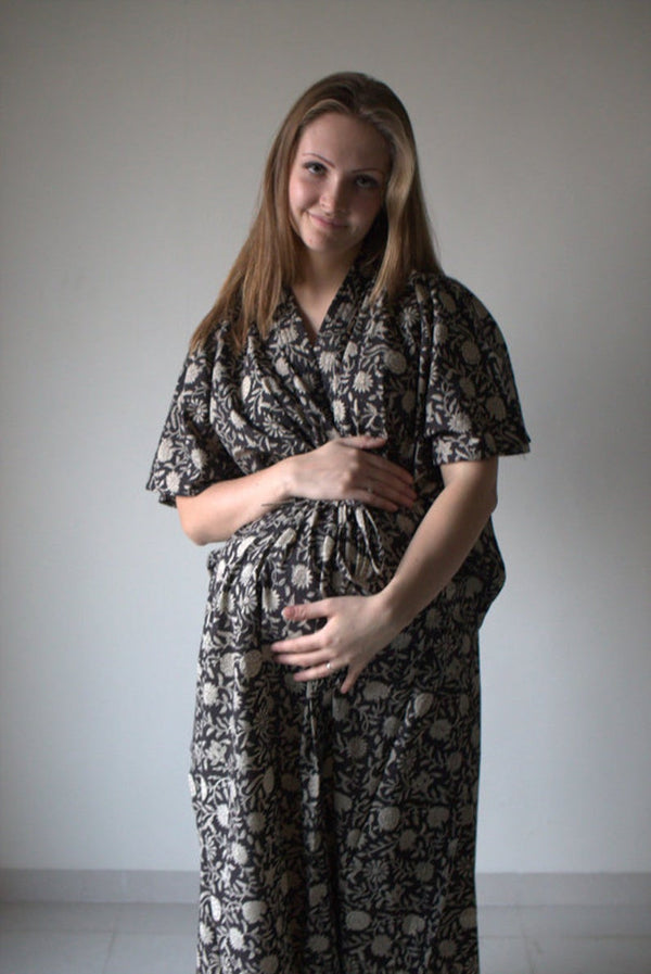Black Floral Motif Organic Cotton Hand-Blocked Front Buttoned Hospital Gown