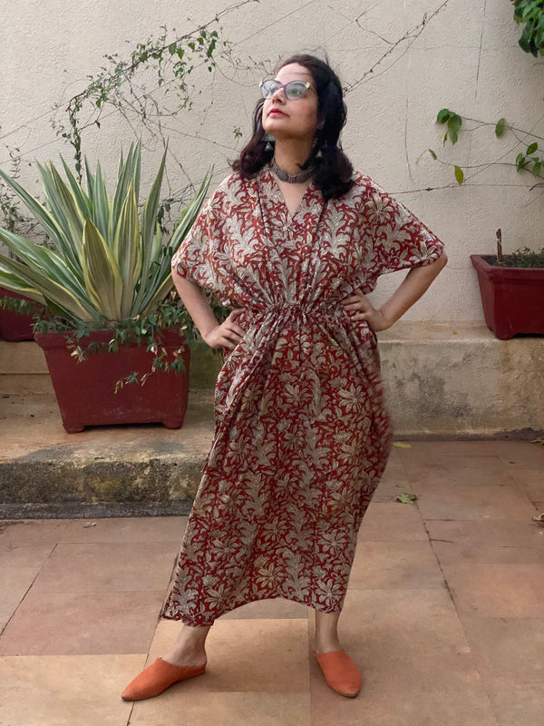 Deep Red Floral Motif Hand-Blocked Caftan with V-Neck, Cinched Waist and Available in both Knee and Ankle Length