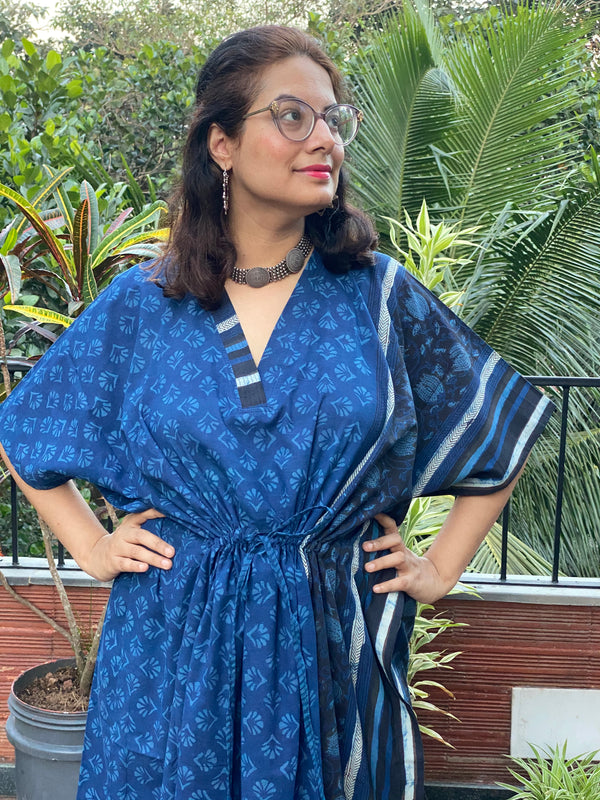 Indigo Blue leafy Bordered Hand Block Printed Caftan with V-Neck, Cinched Waist and Available in both Knee and Ankle Length