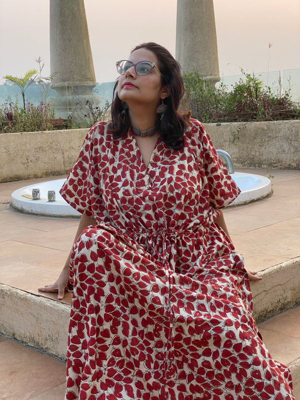 Ivory Red Leafy Motif Hand-Blocked Kaftan with V-Neck, Cinched Waist and Available in both Knee and Ankle Length