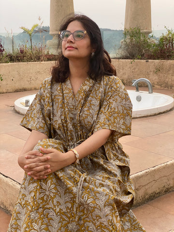 Mustard Floral Motif Hand-Blocked Caftan with V-Neck, Cinched Waist and Available in both Knee and Ankle Length