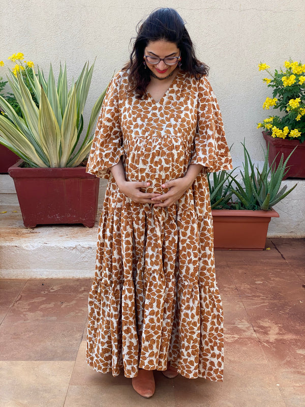 Mustard Leafy Motif Hand-Block Tiered Maternity Dress