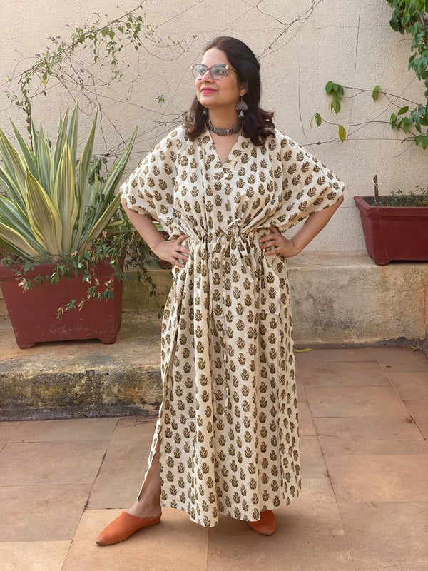 Ivory Mustard Paisley Motif Hand Block Printed Caftan with V-Neck, Cinched Waist and Available in both Knee and Ankle Length