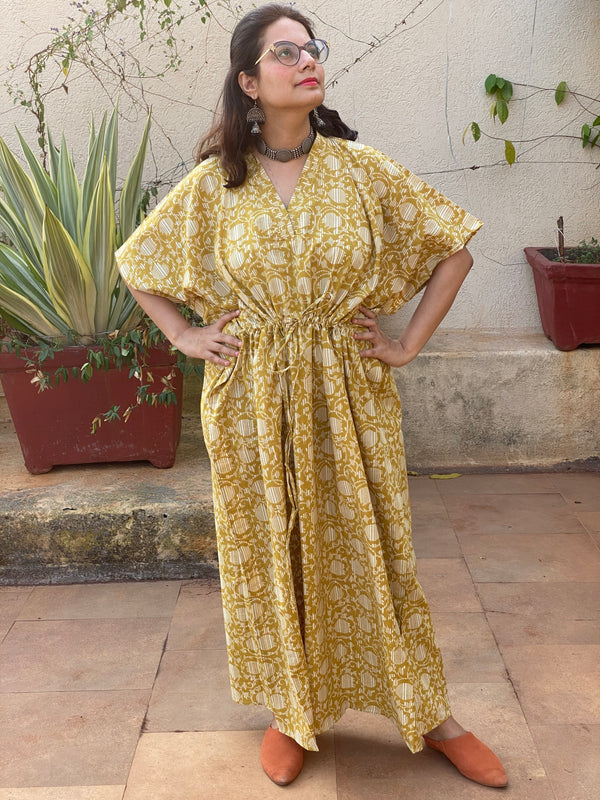 Mustard Lotus Motif Hand Block Printed Caftan with V-Neck, Cinched Waist and Available in both Knee and Ankle Length