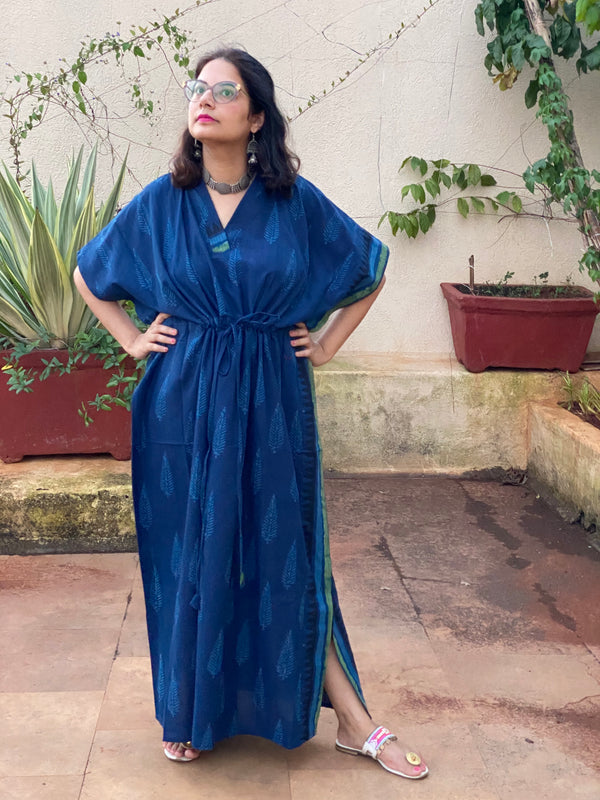 Blue Leafy Bordered Hand Block Printed Caftan with V-Neck, Cinched Waist and Available in both Knee and Ankle Length