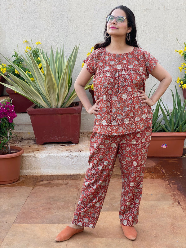 Red Floral Motif Hand Block Printed Organic Cotton Pajama Set | Available in both shorts and pants style