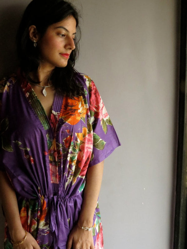 Purple Multicolor Big Flower V-Neck Button Down to Waist, Ankle Length, Cinched Waist Caftan-D7 fabric Code