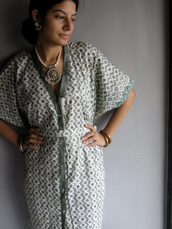 Military Green Chevron Geometric V-Neck Full Button Down, Knee Length, Belted Caftan-H5 fabric Code