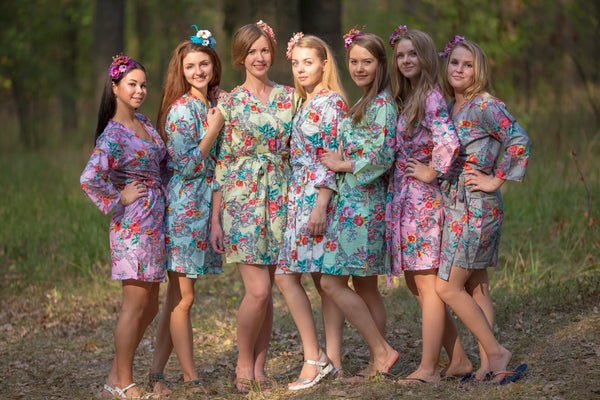 Mismatched Cute Bows Patterned Bridesmaids Robes in Soft Tones
