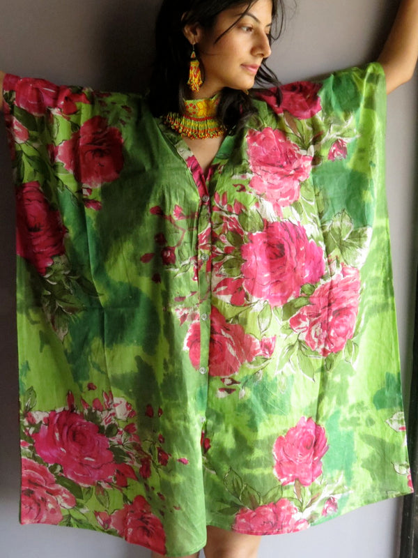 Green Fuchsia Flowers V-Neck Full Button Down, Knee Length, Belted Caftan-E6 fabric Code