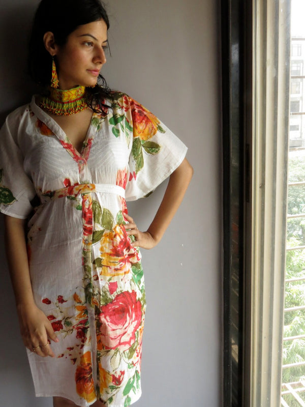WhiteMulticolor Big Flower V-Neck Button Down to Waist, Knee Length, Cinched Waist Caftan