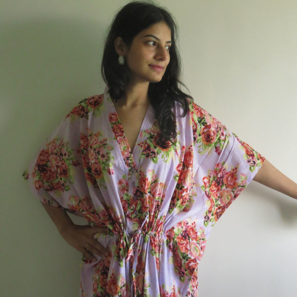 Lilac Floral Posy V-Neck Button Down to Waist, Ankle Length, Cinched Waist Caftan