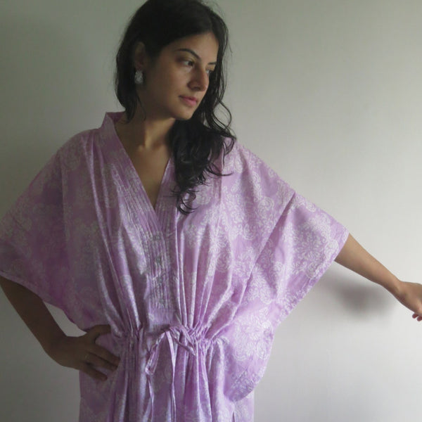 Lilac Damask V-Neck Button Down to Waist, Ankle Length, Cinched Waist Caftan