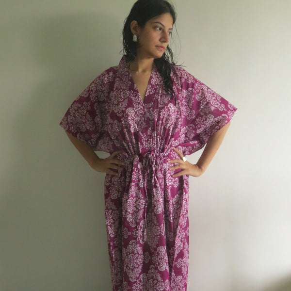 Purple Damask V-Neck Button Down to Waist, Ankle Length, Cinched Waist Caftan