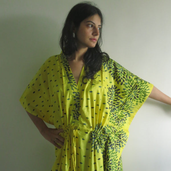 Yellow Abstract Floral V-Neck Button Down to Waist, Ankle Length, Cinched Waist Caftan