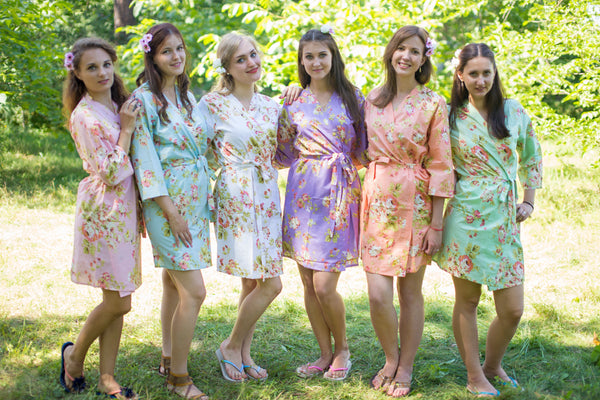 Mismatched Flower Rain Patterned Bridesmaids Robes in Soft Tones