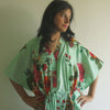Mint Big Floral V-Neck Button Down to Waist, Ankle Length, Cinched Waist Caftan