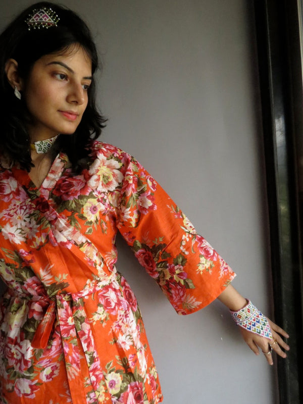 Orange Floral Knee Length, Kimono Crossover Belted Robe-A3 fabric Code
