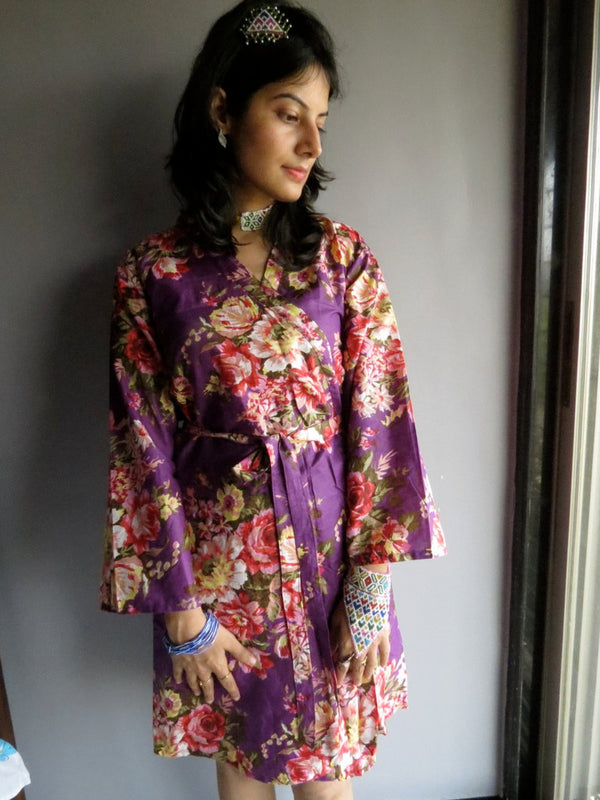 Purple Floral Knee Length, Kimono Crossover Belted Robe-A10 fabric Code