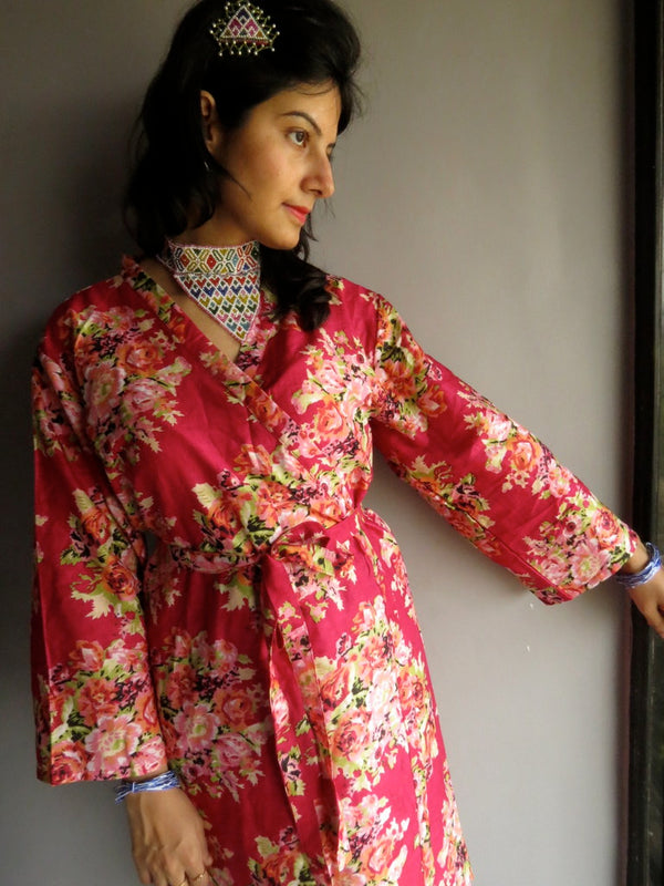 Magenta Floral Knee Length, Kimono Crossover Belted Robe-C5 fabric Code