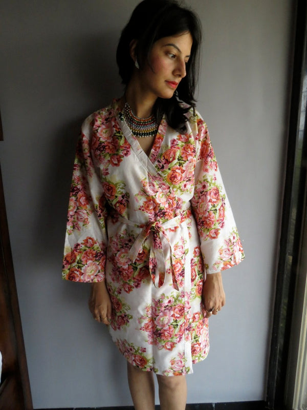 White Floral Knee Length, Kimono Crossover Belted Robe-C7 fabric Code