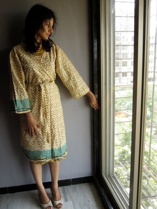 Cream Brown Chevron Knee Length, Kimono Crossover Belted Robe