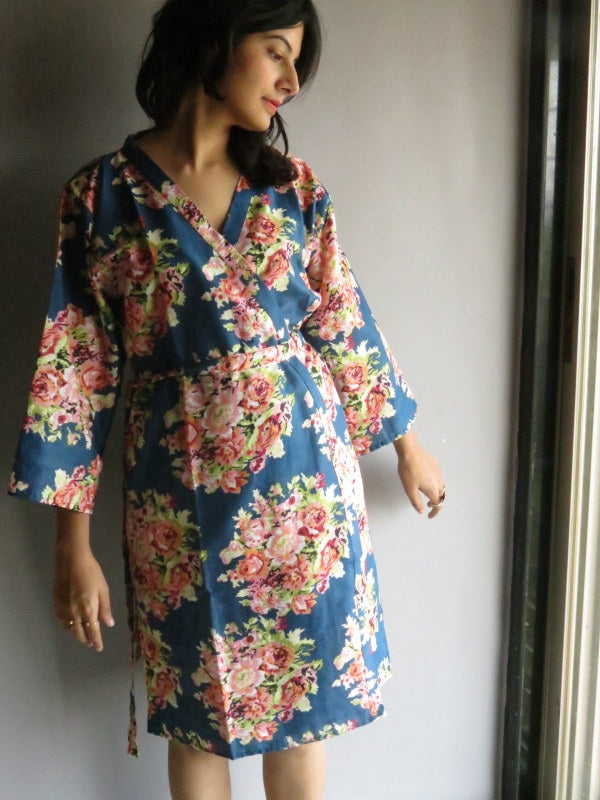 Dark Blue Floral Knee Length, Kimono Crossover Belted Robe-C12 fabric Code