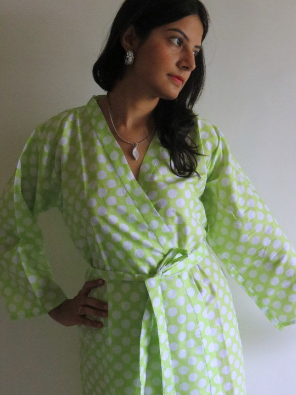 Green Polka Dots Knee Length, Kimono Crossover Belted Robe