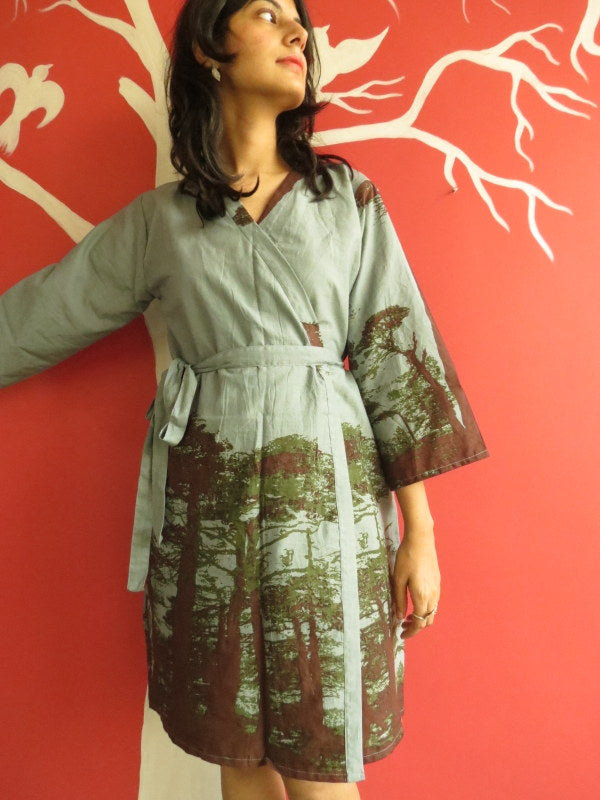 Gray Tree of Life Knee Length, Kimono Crossover Belted Robe