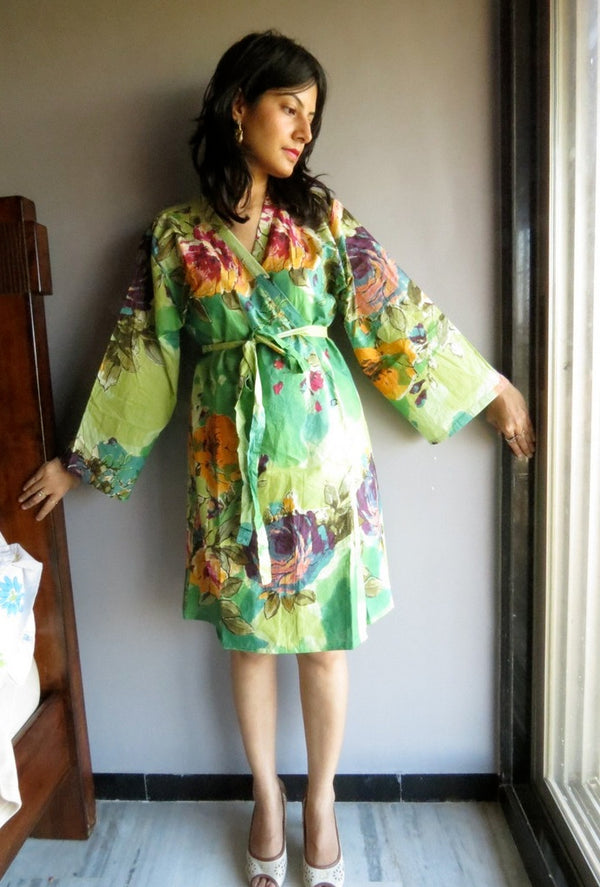 Green Big Floral Knee Length, Kimono Crossover Belted Robe