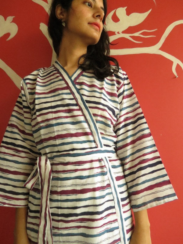 White Blue Striped Knee Length, Kimono Crossover Belted Robe
