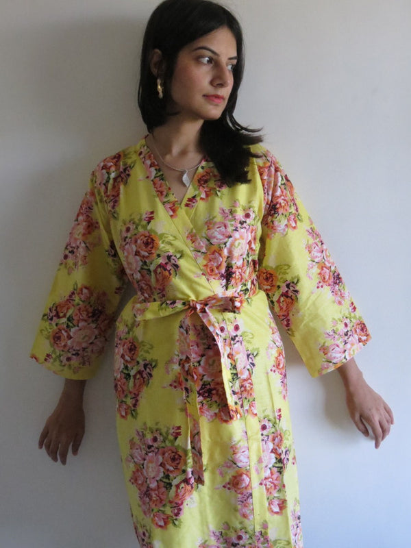 Light Yellow Floral Knee Length, Kimono Crossover Belted Robe