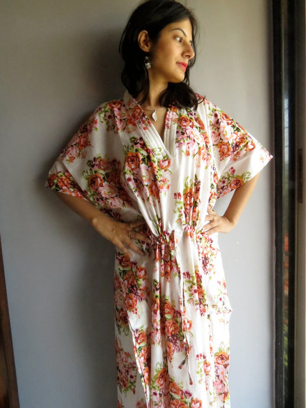 White Floral Posy V-Neck, Ankle Length, Cinched Waist Caftan