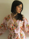 Pink Floral Knee Length, Kimono Crossover Belted Robe