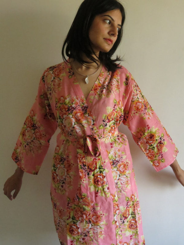 Coral Floral Knee Length, Kimono Crossover Belted Robe