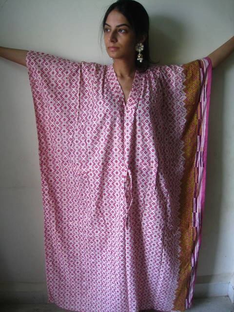 Pink Checkered V-Neck, Ankle Length, Cinched Waist Caftan