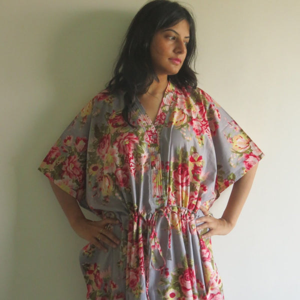 Gray Floral Rosy Red Posy V-Neck Button Down to Waist, Ankle Length, Cinched Waist Caftan