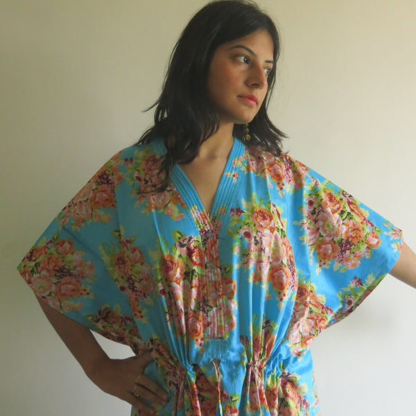 Blue Floral Posy V-Neck Button Down to Waist, Ankle Length, Cinched Waist Caftan