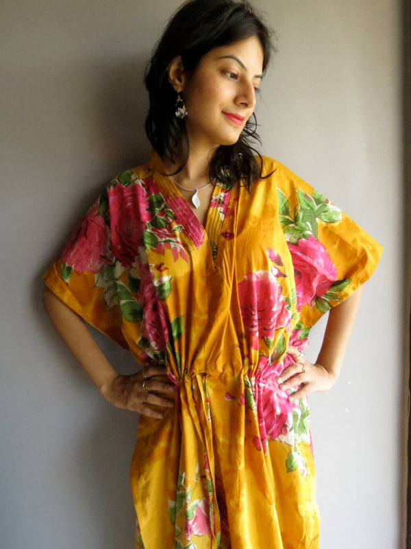 Yellow Fuchsia Large Floral Blossom V-Neck, Ankle Length, Cinched Waist Caftan