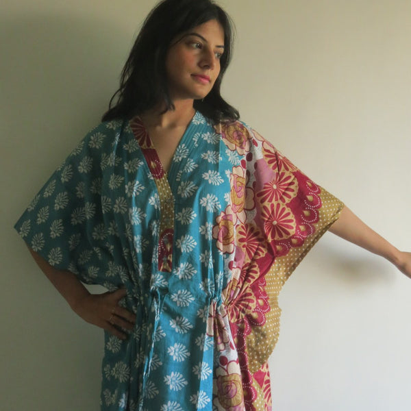 Teal Floral Bordered V-Neck Button Down to Waist, Ankle Length, Cinched Waist Caftan