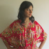Red Floral Posy V-Neck Button Down to Waist, Ankle Length, Cinched Waist Caftan