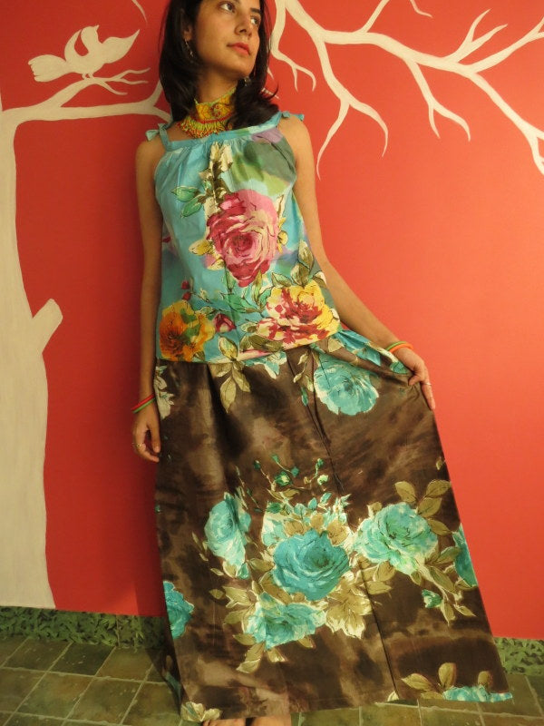 Brown Floral A-line Drawstring Skirt