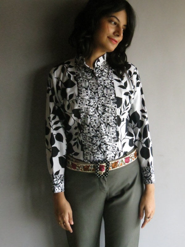 White Black Leafy Buttoned Shirt