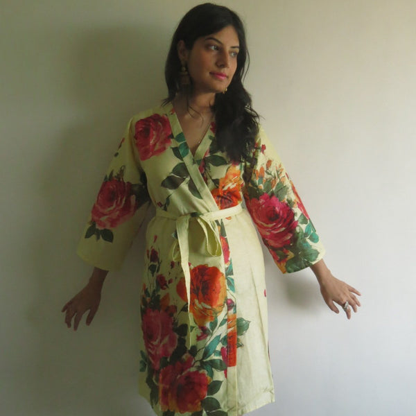 Light Yellow Big Floral Knee Length, Kimono Crossover Belted Robe