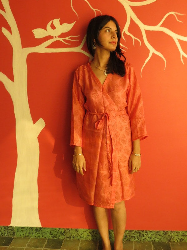 Silk Coral Leafy Knee Length, Kimono Crossover Belted Robe