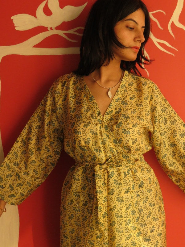 Silk Yellow Leafy Knee Length, Kimono Crossover Belted Robe