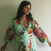 Mint Big Floral Knee Length, Kimono Crossover Belted Robe