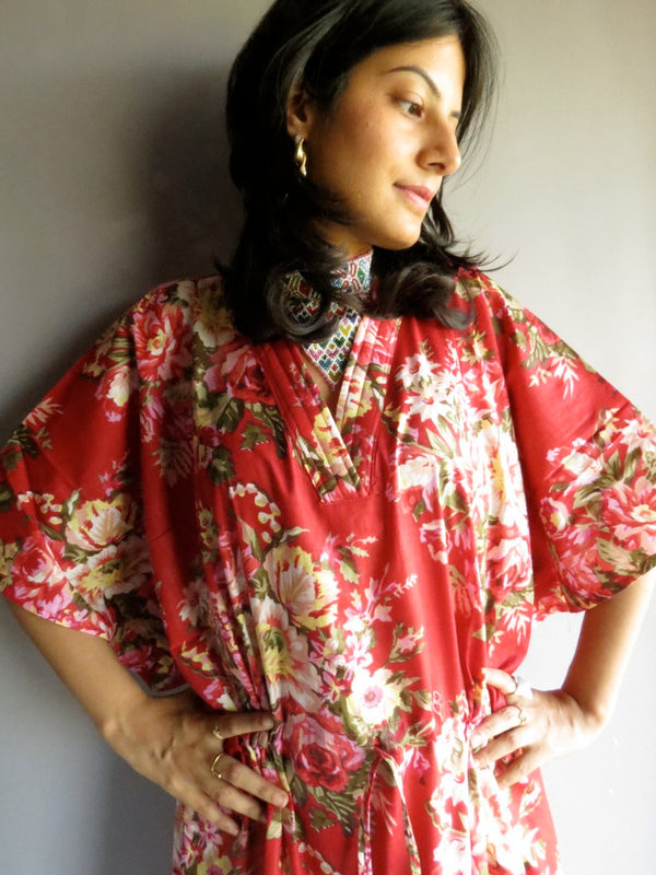 Red Floral Rosy Red Posy V-Neck, Ankle Length, Cinched Waist Caftan