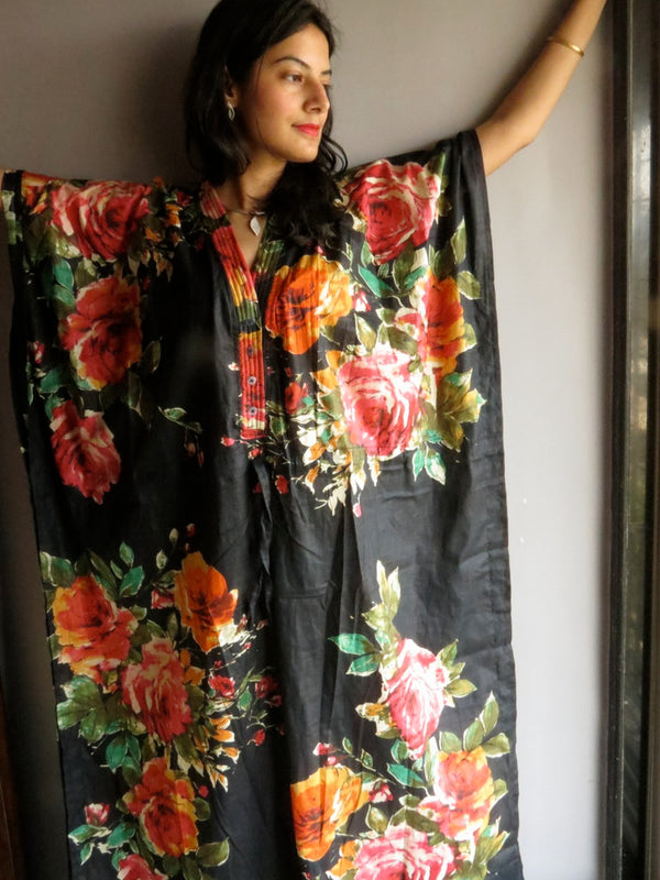 Black Large Floral Blossom V-Neck Button Down to Waist, Ankle Length, Cinched Waist Caftan
