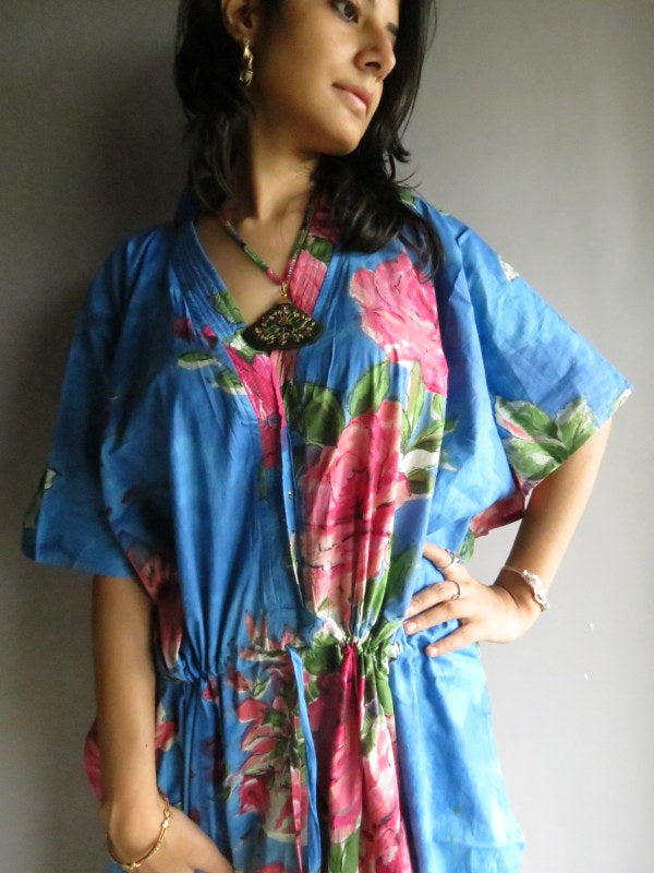 Blue Fuchsia Large Floral Blossom V-Neck Button Down to Waist, Ankle Length, Cinched Waist Caftan